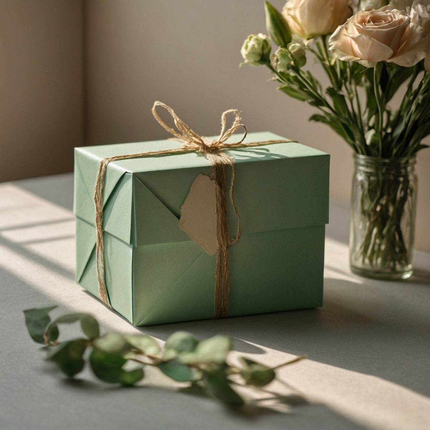 A sage green gift box tied with twine in soft afternoon light beside a vase of garden roses